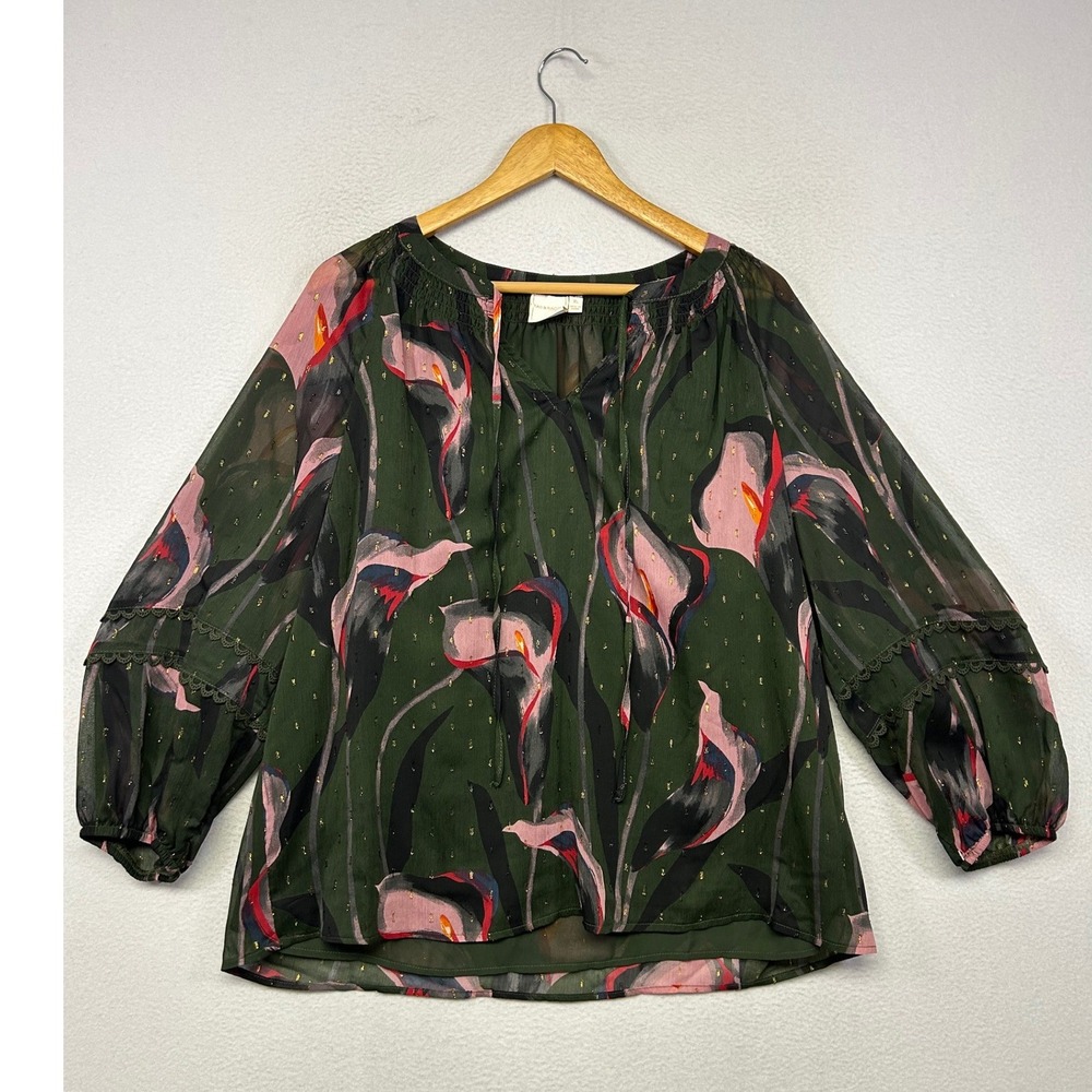 Zac & Rachel Floral Boho Peasant Blouse Womens XL Green Metallic Tie Neck Top
